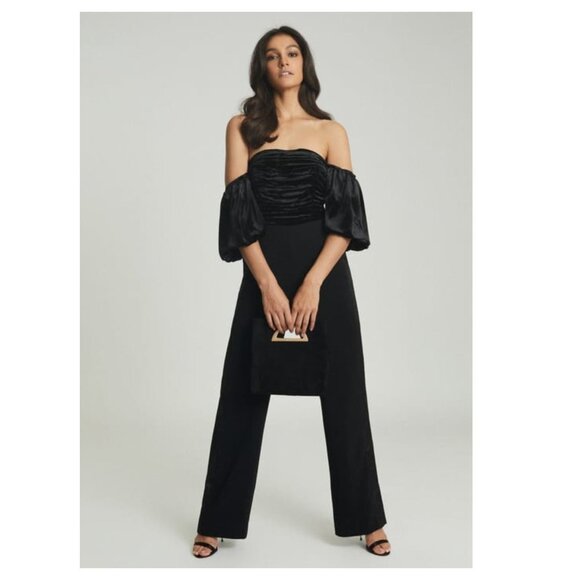 Reiss Julianna Puff Sleeve Velvet Off-Shoulder Jumpsuit - Picture 1 of 12